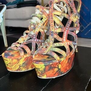 JustFab Multicolor Floral Rhinestone Platform Sandals